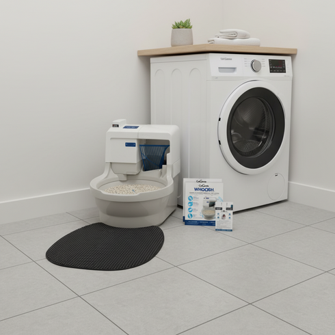 CatGenie Whoosh and Supplies in Laundry room