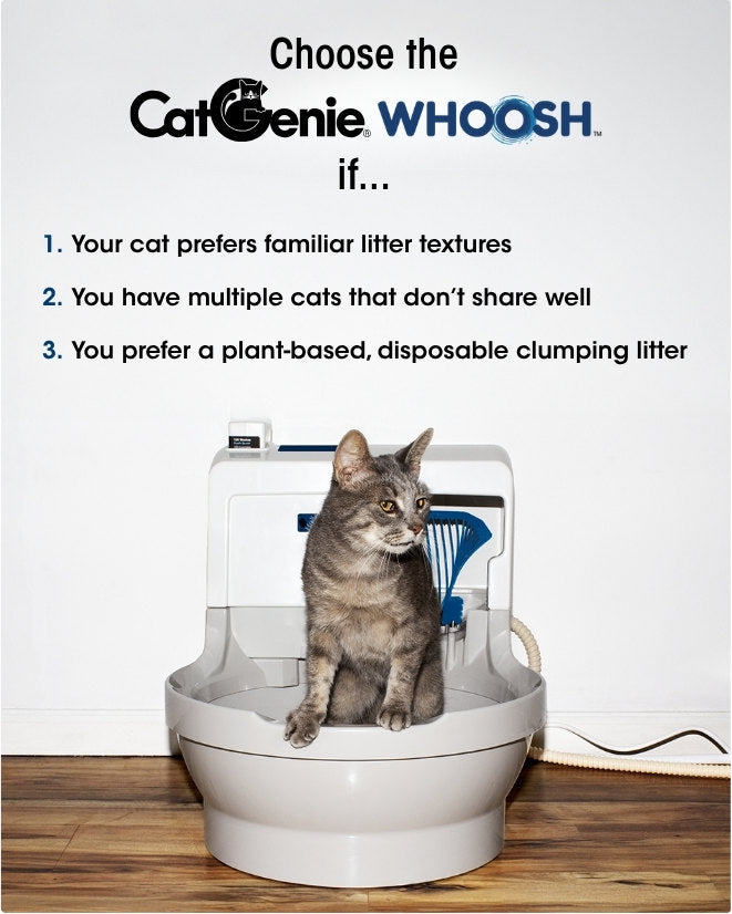 Choose the CatGenie Whoosh if: 1. Your cat prefers familiar litter textures. 2. You have multiple cats that don't share well. 3. You prefer a plant-based, disposable clumping litter.